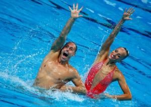 Jones and May of the U.S. perform in the synchronised swimming mixed duet technical final at the Aquatics World Championships in Kazan